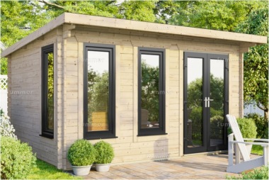 45mm Pent Log Cabin 909 - Double Glazed PVCu, Large Panes